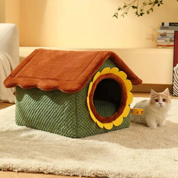 Adorable casa para gatos de peluche con granja de girasoles 1